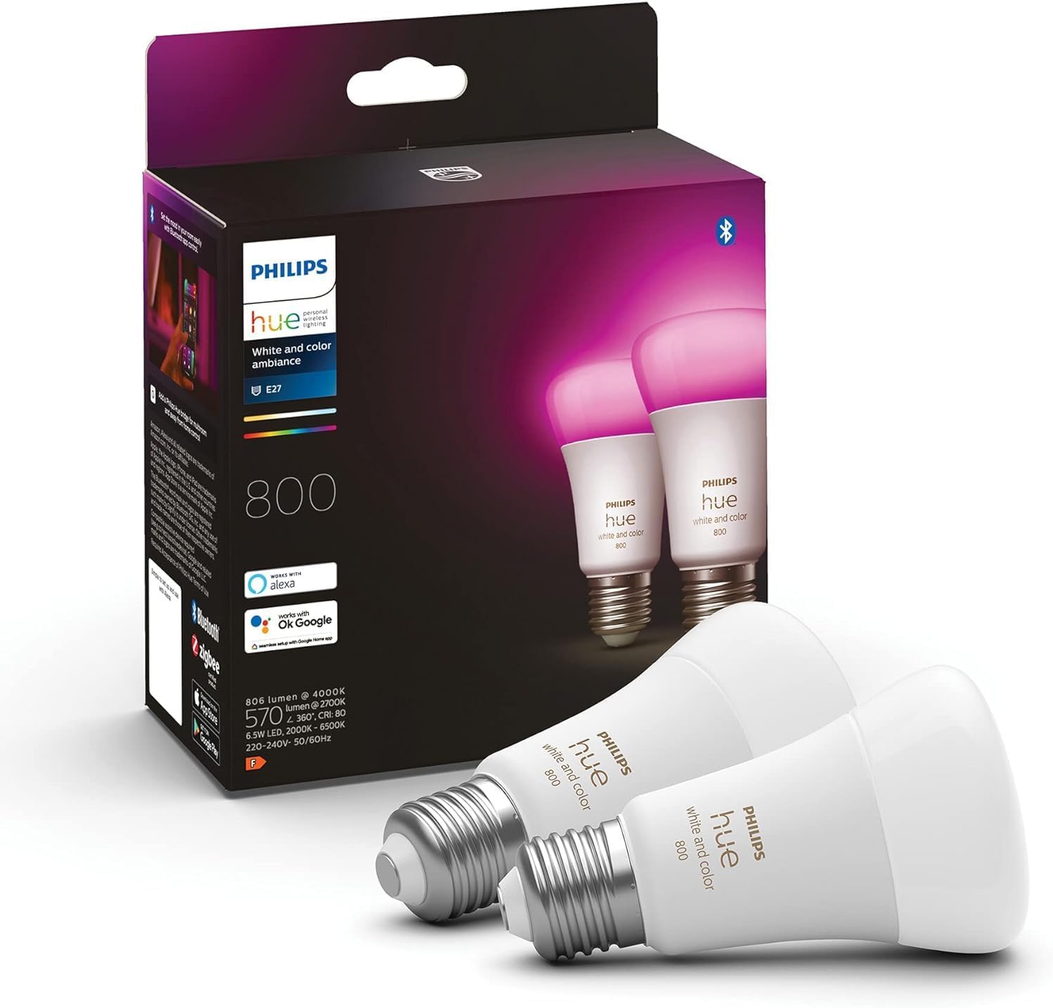 Philips Hue A60 E27 White & Color Ambiance — Pack de 2 bombillas inteligentes 800 lúmenes
